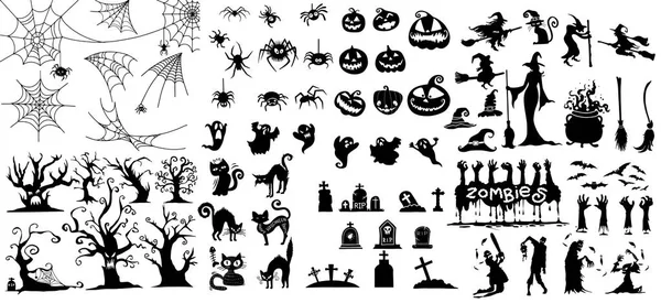Big Collection Halloween Silhouettes Icon Character Witch Wizard Attributes Creepy — Stock Vector