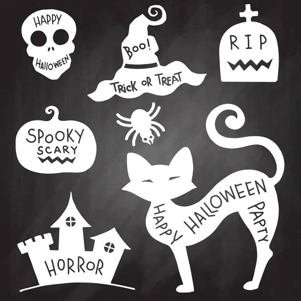 Hand drawn textured Halloween set of a coffin, jack-o-lanterns, skull, Castle,cat and spider vector illustrations.