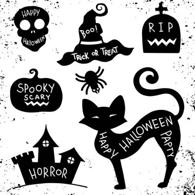 Elle çizilmiş Cadılar Bayramı dizi bir tabut, jack-o-fener, kafatası, kale, kedi ve örümcek vektör çizimler dokulu.