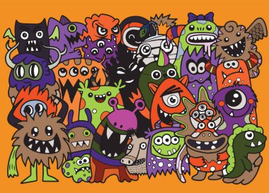 Doodle sevimli canavar arka plan, el çizimi Doodle vektör çizim