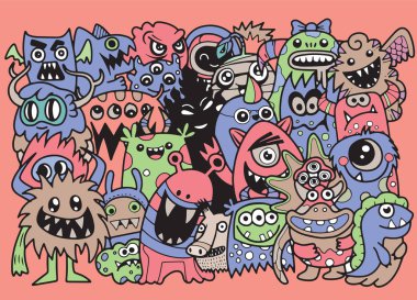 Doodle sevimli canavar arka plan, el çizimi Doodle vektör çizim
