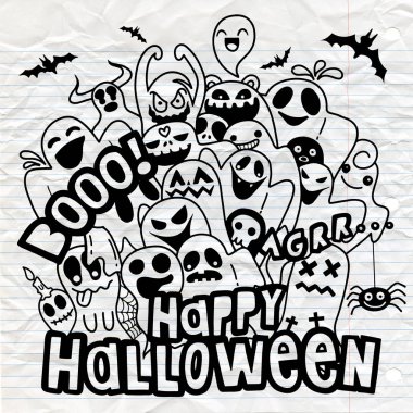 Mutlu Cadılar Bayramı kontur anahat doodle. Hayalet, yarasa, kabak, örümcek, canavar küme. Turuncu bulut. Beyaz arka plan düz tasarlamak vektör çizim