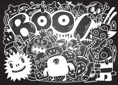 Mutlu Cadılar Bayramı kontur anahat doodle. Hayalet, yarasa, kabak, örümcek, canavar küme. Turuncu bulut. Beyaz arka plan düz tasarlamak vektör çizim