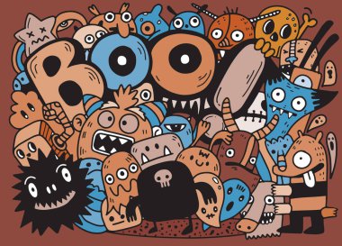 Mutlu Cadılar Bayramı kontur anahat doodle. Hayalet, yarasa, kabak, örümcek, canavar küme. Turuncu bulut. Beyaz arka plan düz tasarlamak vektör çizim