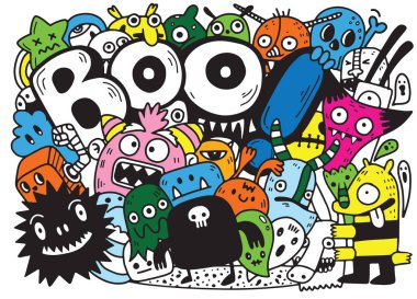 Mutlu Cadılar Bayramı kontur anahat doodle. Hayalet, yarasa, kabak, örümcek, canavar küme. Turuncu bulut. Beyaz arka plan düz tasarlamak vektör çizim