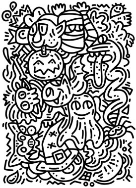 Cadılar Bayramı, komik hayalet ve canavarlar kitap boyama için desen. Siyah ve beyaz arka plan. Vektör çizim