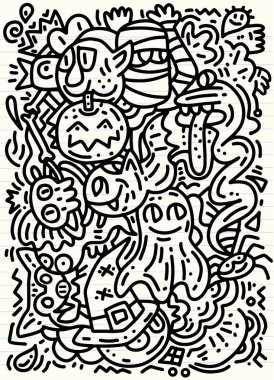 Cadılar Bayramı, komik hayalet ve canavarlar kitap boyama için desen. Siyah ve beyaz arka plan. Vektör çizim