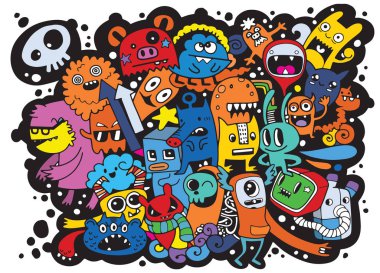 Doodle sevimli canavar arka plan, el çizimi Doodle vektör çizim