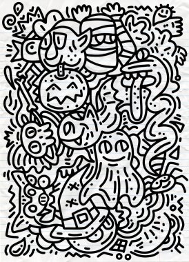 Cadılar Bayramı, komik hayalet ve canavarlar kitap boyama için desen. Siyah ve beyaz arka plan. Vektör çizim