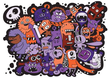 Doodle sevimli canavar arka plan, el çizimi Doodle vektör çizim