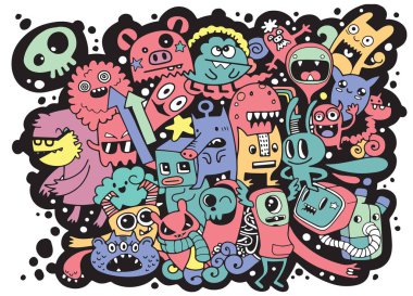 Doodle sevimli canavar arka plan, el çizimi Doodle vektör çizim