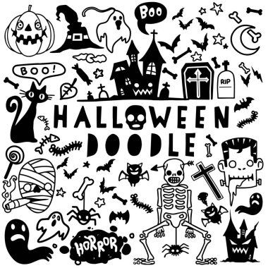 Cadılar Bayramı Doodle poster tasarım seti, el vektör çizim 