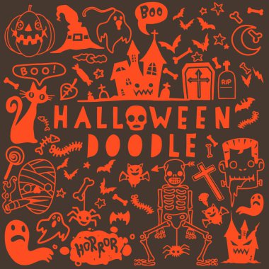 Cadılar Bayramı Doodle poster tasarım seti, el vektör çizim 