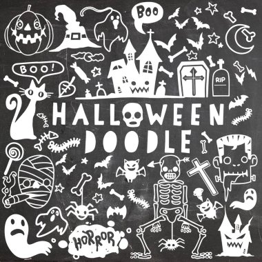 Cadılar Bayramı Doodle poster tasarım seti, el vektör çizim 