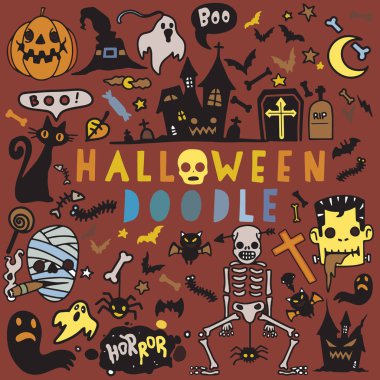 Cadılar Bayramı Doodle poster tasarım seti, el vektör çizim 