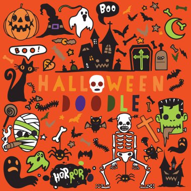 Cadılar Bayramı Doodle poster tasarım seti, el vektör çizim 