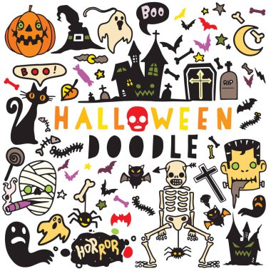 Cadılar Bayramı Doodle poster tasarım seti, el vektör çizim 