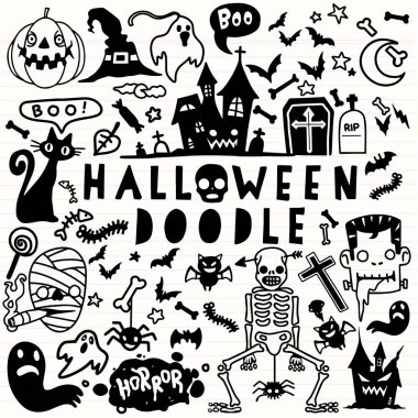 Cadılar Bayramı Doodle poster tasarım seti, el vektör çizim 