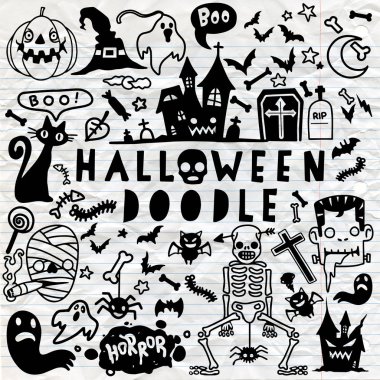 Cadılar Bayramı Doodle poster tasarım seti, el vektör çizim 