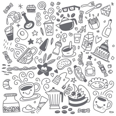 El çizilmiş anahat topluluğu açık büfe tarzı kahvaltı yemekleri yumurta, gözleme, içecekler, meyve, sandviç, tahıllar ve arka plan üzerinde izole yoğurt da dahil olmak üzere.