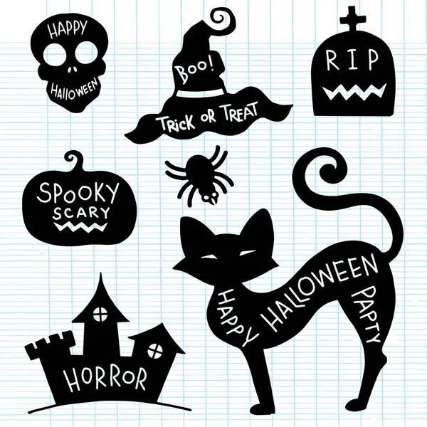 Set Halloween Texturizado Dibujado Mano Ataúd Jack Linternas Cráneo Castillo — Vector de stock