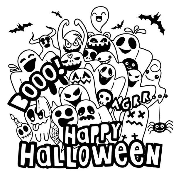 Feliz Halloween Contorno Esboço Doodle Fantasma Morcego Abóbora Aranha Conjunto —  Vetores de Stock