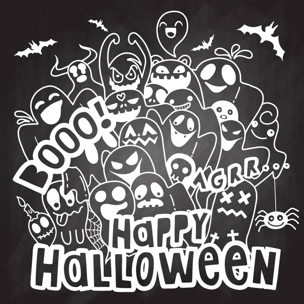 Feliz Halloween Contorno Esboço Doodle Fantasma Morcego Abóbora Aranha Conjunto — Vetor de Stock