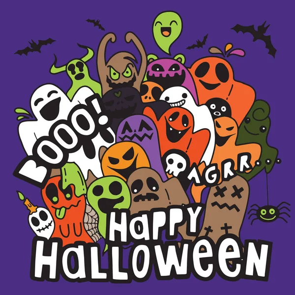 Feliz Halloween Contorno Esboço Doodle Fantasma Morcego Abóbora Aranha Conjunto —  Vetores de Stock