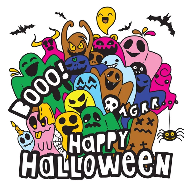 Feliz Halloween Contorno Doodle Contorno Fantasma Murciélago Calabaza Araña Conjunto — Vector de stock