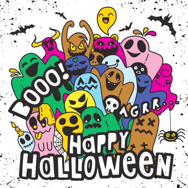 Happy Halloween Contour Outline Doodle Ghost Bat Pumpkin Spider Monster — Stock Vector