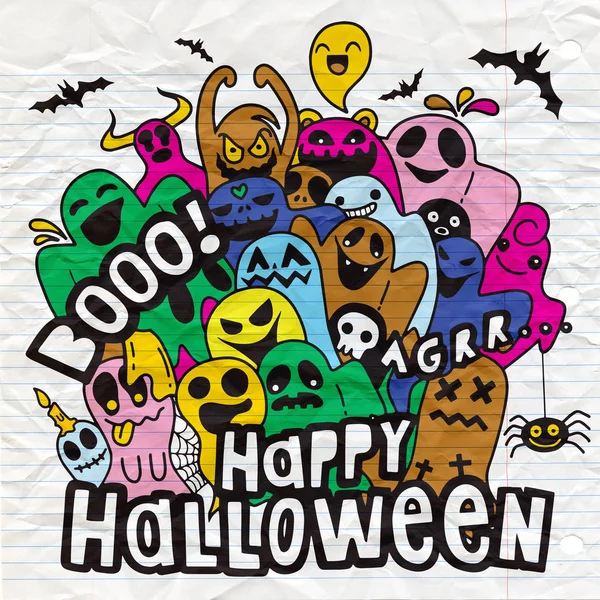 Feliz Halloween Contorno Esboço Doodle Fantasma Morcego Abóbora Aranha Conjunto — Vetor de Stock