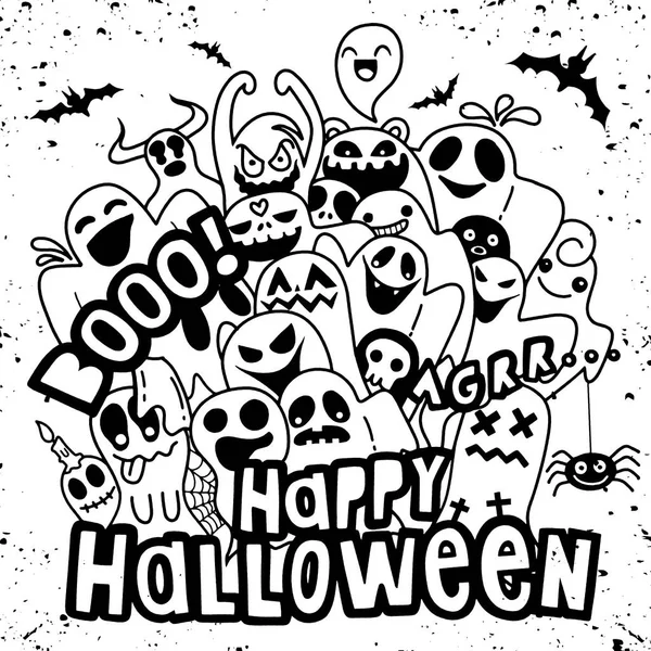 Happy Halloween Contour Overzicht Doodle Spook Vleermuis Pompoen Spin Monster — Stockvector