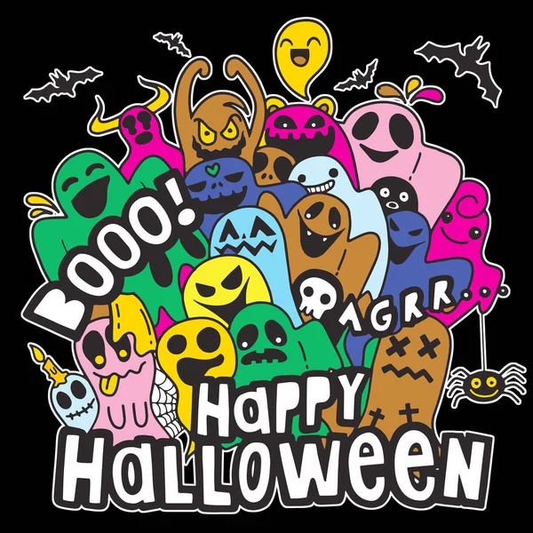 Feliz Halloween Contorno Doodle Contorno Fantasma Murciélago Calabaza Araña Conjunto — Vector de stock