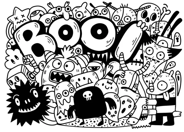 Happy Halloween Contour Overzicht Doodle Spook Vleermuis Pompoen Spin Monster — Stockvector