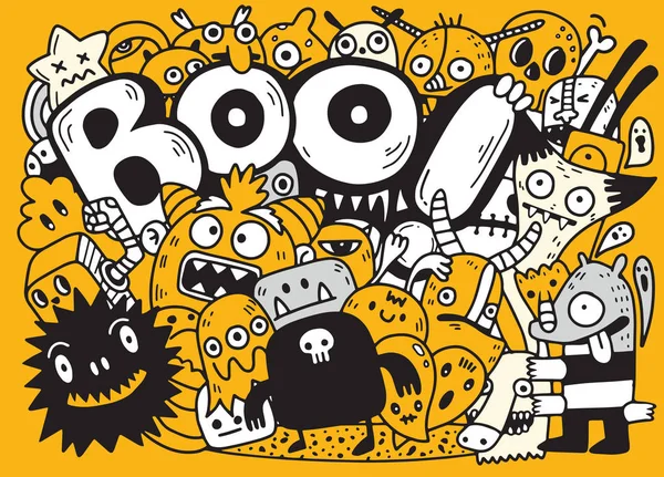 Happy Halloween Contour Outline Doodle Ghost Bat Pumpkin Spider Monster — Stock Vector
