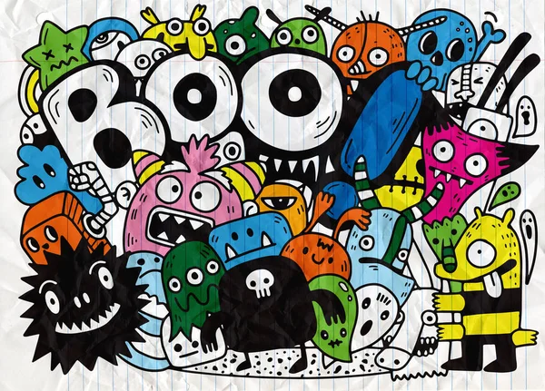 Feliz Halloween Contorno Esboço Doodle Fantasma Morcego Abóbora Aranha Conjunto —  Vetores de Stock