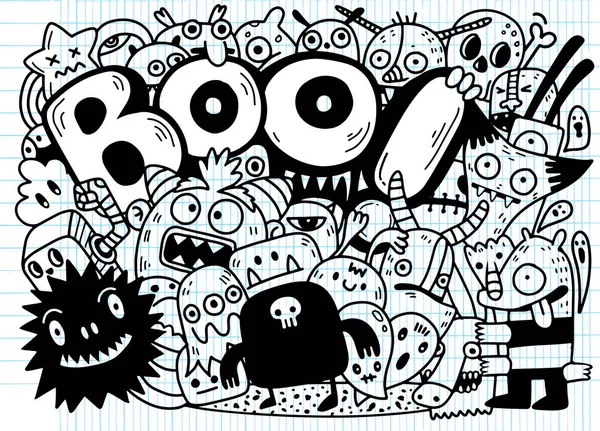 Feliz Halloween Contorno Esboço Doodle Fantasma Morcego Abóbora Aranha Conjunto —  Vetores de Stock