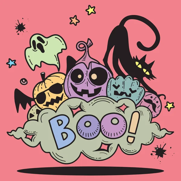 Boo Happy Halloween Contorno Esboço Doodle Fantasma Morcego Abóbora Aranha —  Vetores de Stock