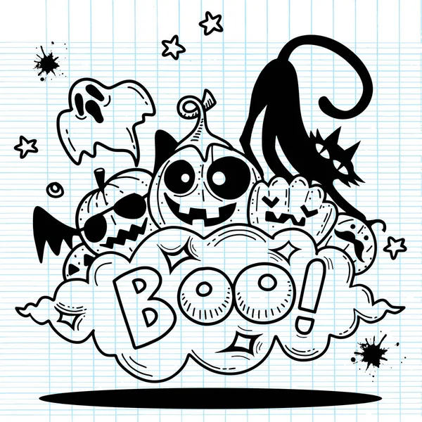 Boo Boldog Halloween Kontúr Vázlatot Doodle Szellem Denevér Tök Pók — Stock Vector