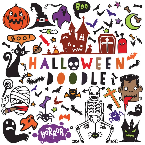 Vector Illustration Doodle Halloween Poster Design Set Hand — Stock Vector