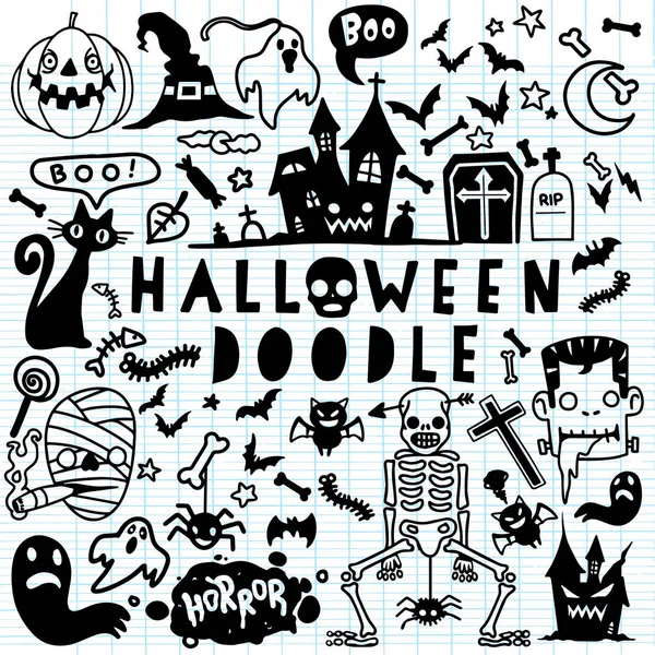 Векторная Иллюстрация Набора Дизайнерских Постеров Doodle Halloween Hand — стоковый вектор