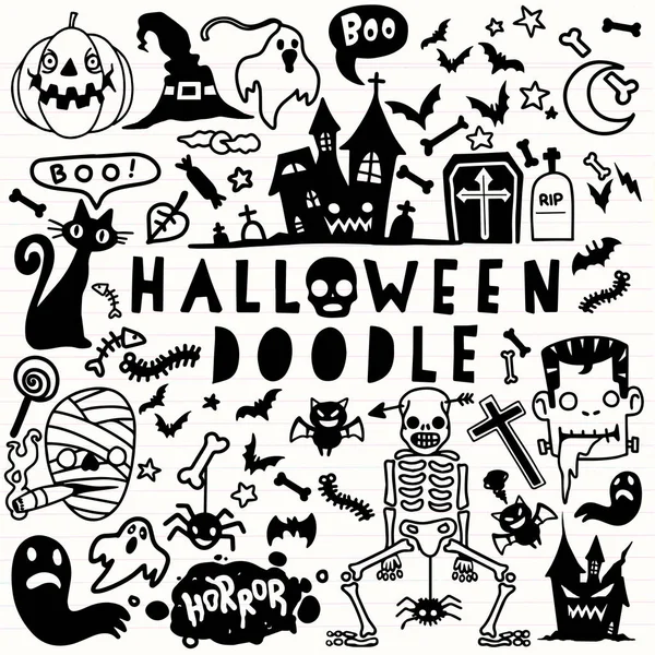 Ilustração Vetorial Conjunto Design Cartaz Doodle Halloween Mão — Vetor de Stock