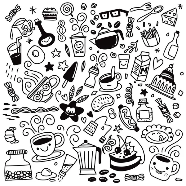 Collection Hand Drawn Outline Buffet Style Breakfast Dishes Including Eggs — Stock Vector