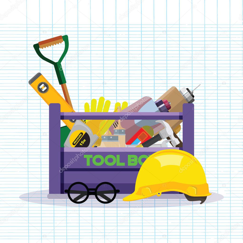 Set isolated icons set building tools repair. Include drill, hammer, screwdriver, saw,grove, cutter, ruler, roller, brush. Kit flat style. Tool box. Vector illustration