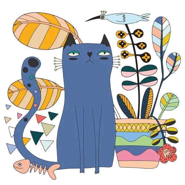 Cute Cat Cute Bird Flowerpot Vector Illustration Kids Use Print — Stock Vector