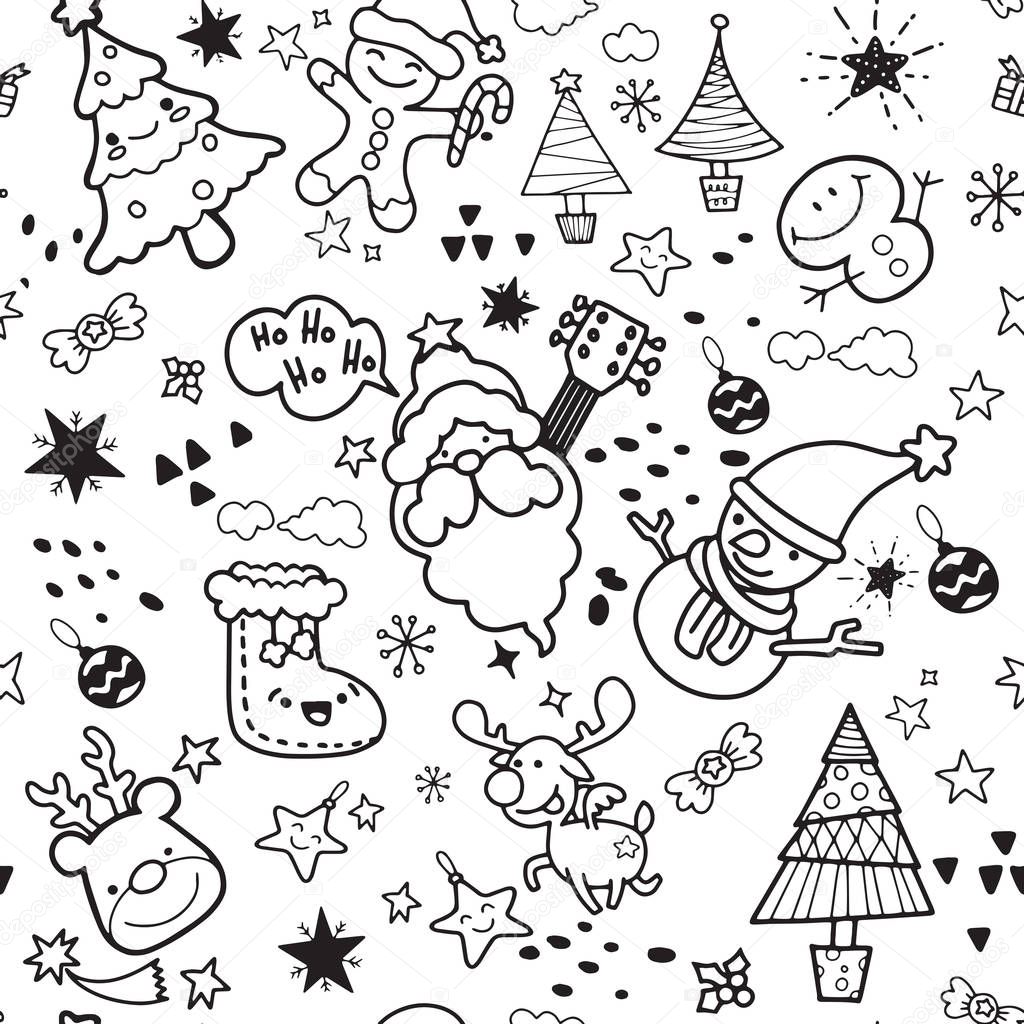 Vector illustration of Doodle cute Merry Christmas and Happy Christmas companions. Santa Claus  Snowman  Reindeer and elf in Christmas snow scene  Hand drawing Doodle