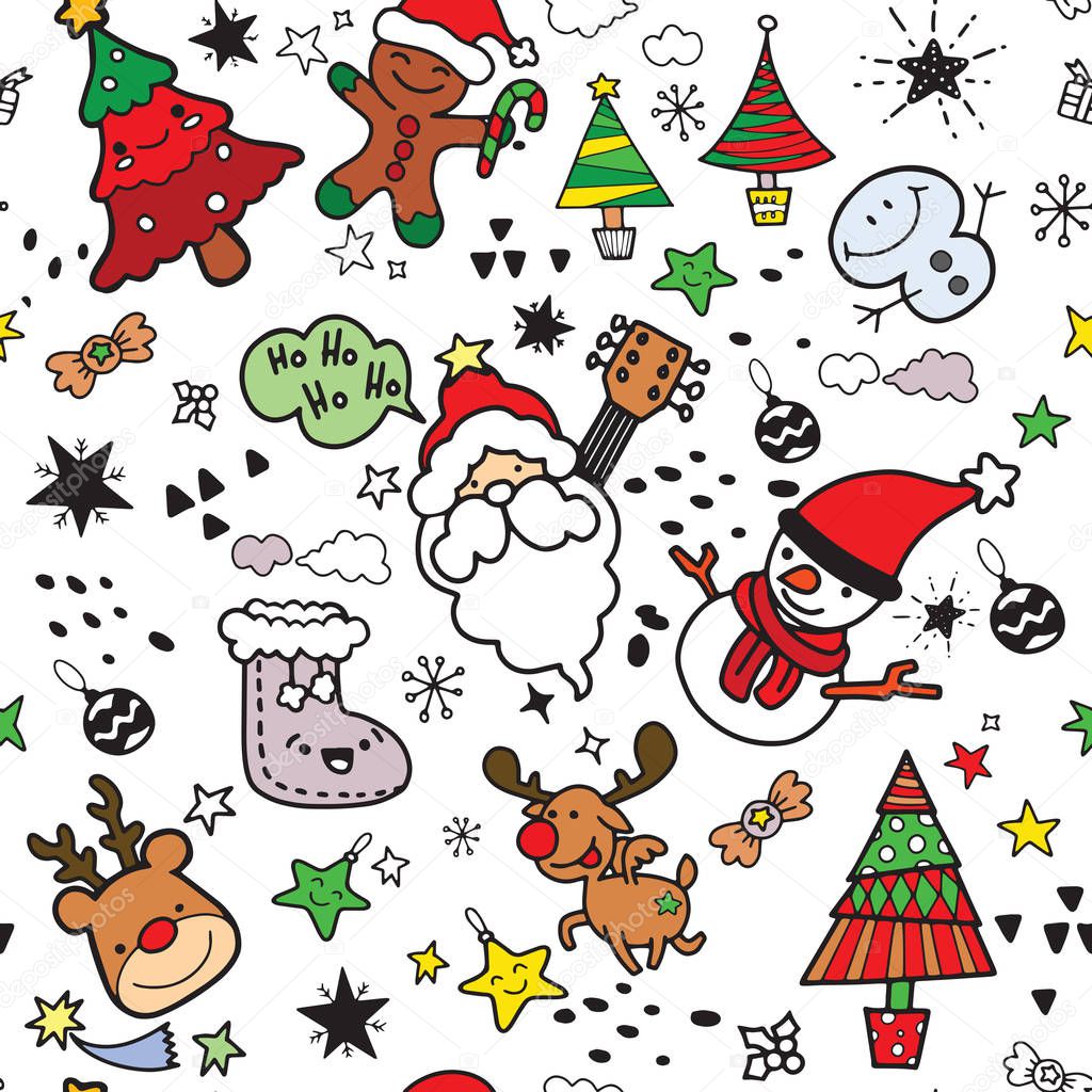 Vector illustration of Doodle cute Merry Christmas and Happy Christmas companions. Santa Claus  Snowman  Reindeer and elf in Christmas snow scene  Hand drawing Doodle