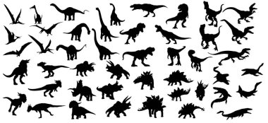 Dinozor, dinazor siluetleri küme büyük koleksiyonu. Beyaz arka plan üzerinde izole vektör çizim