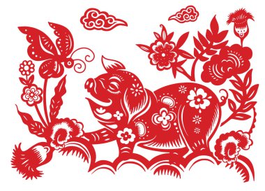 Çin Zodiac İşaret Yılı, Kırmızı kağıt kesimi domuz, Mutlu Çin Yeni Yılı 2019 domuz yılı