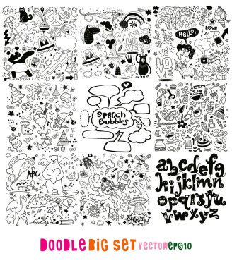 Doodle modern, büyük ayarla, yılbaşı, Sevgililer, bilim, parti, gıda, uzay, aşk, buble, kahve, canavar, el çizilmiş vektör çizim, Doodle, çizim, düz tasarımı Illustrator satırı araçları